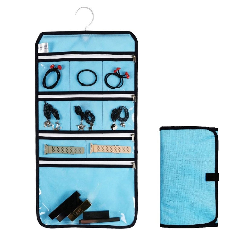 ANIZER Travel Foldable Jewelry Rolls Bag Hanging Jewelry Organizer with 9 Zippered Clear Pockets Storage Pouch with Rotatable Hanger (BLUE) - Image 1